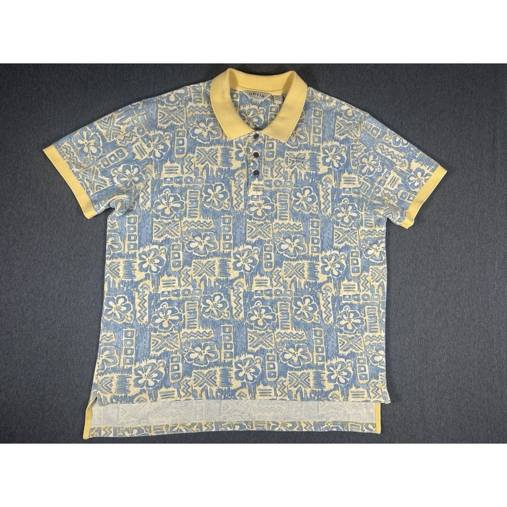 Vintage Orvis Polo Shirt XXL Blue Yellow Floral Geometric Print